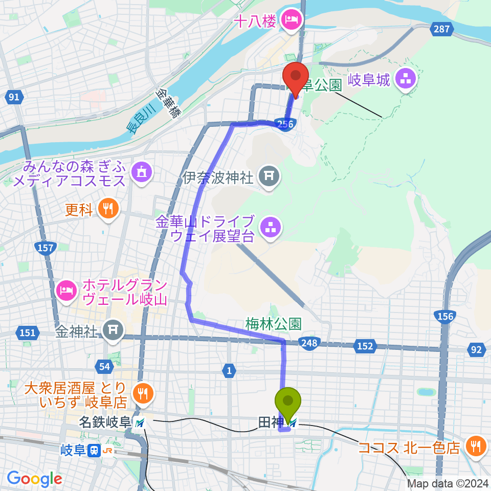 岐阜市歴史博物館の最寄駅田神駅からの徒歩ルート（約41分）地図