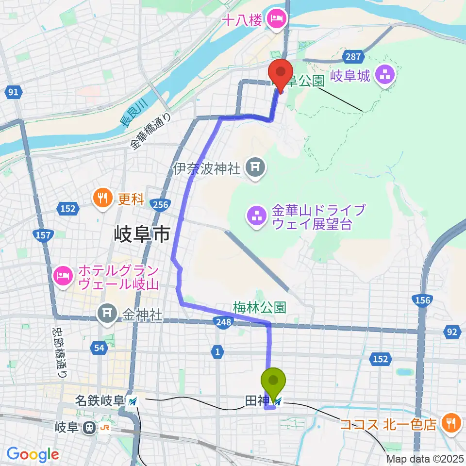 岐阜市歴史博物館の最寄駅田神駅からの徒歩ルート（約41分）地図