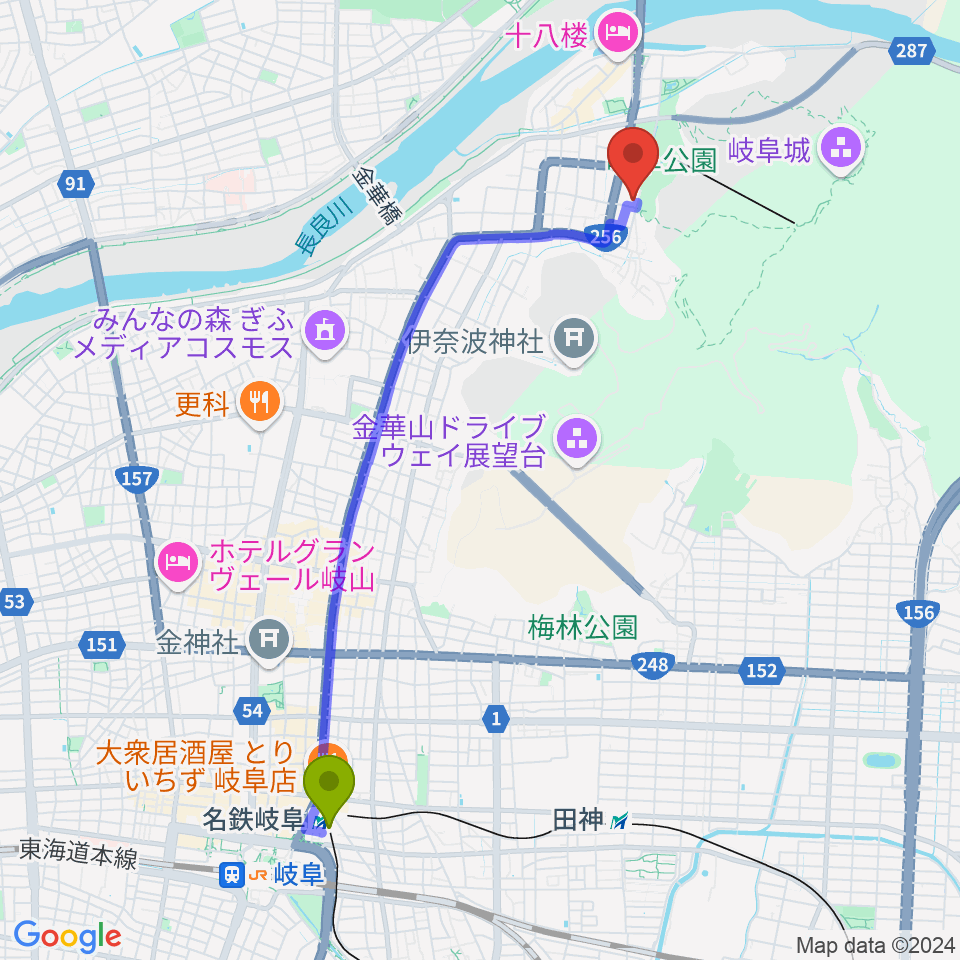 名鉄岐阜駅から名和昆虫博物館へのルートマップ地図