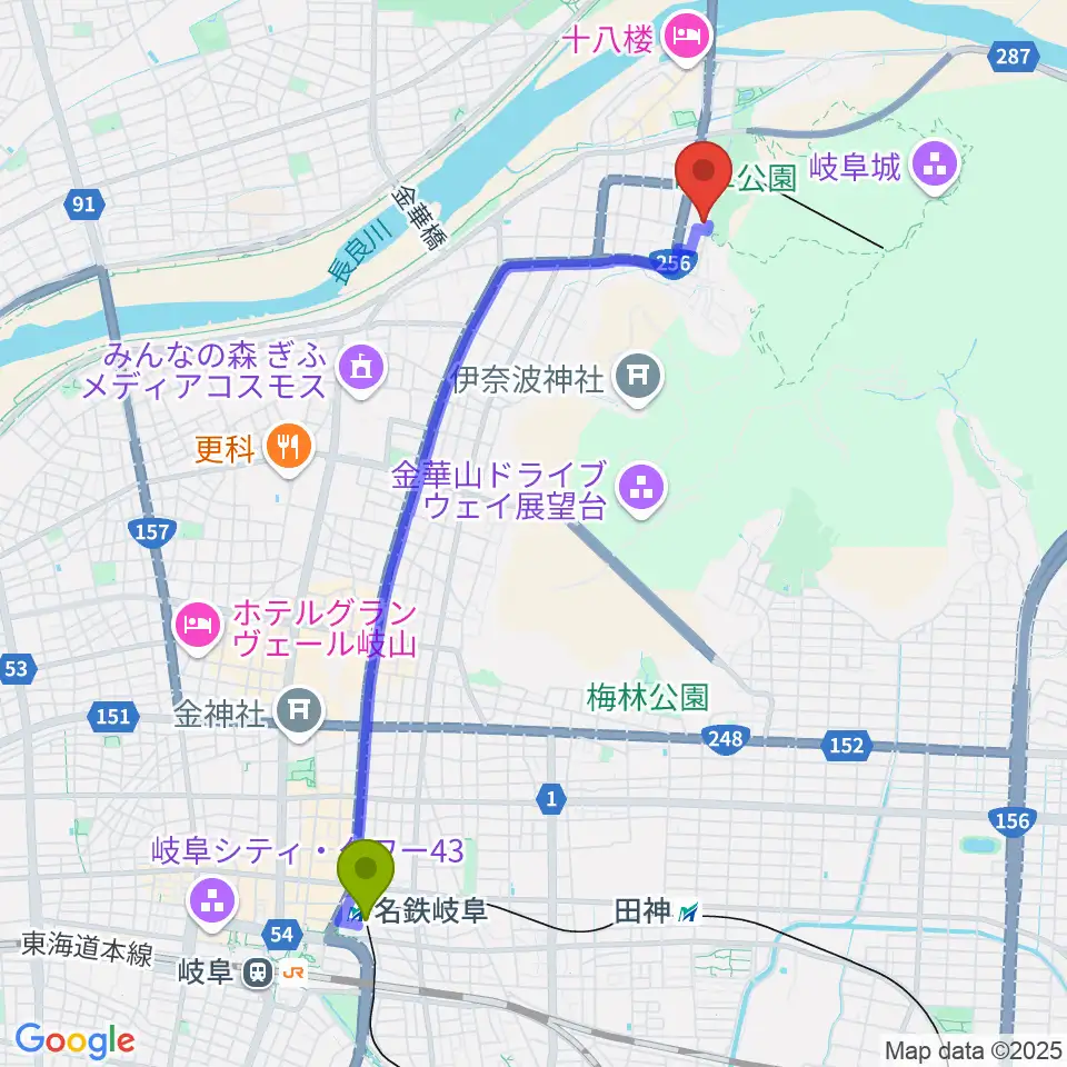 名鉄岐阜駅から名和昆虫博物館へのルートマップ地図