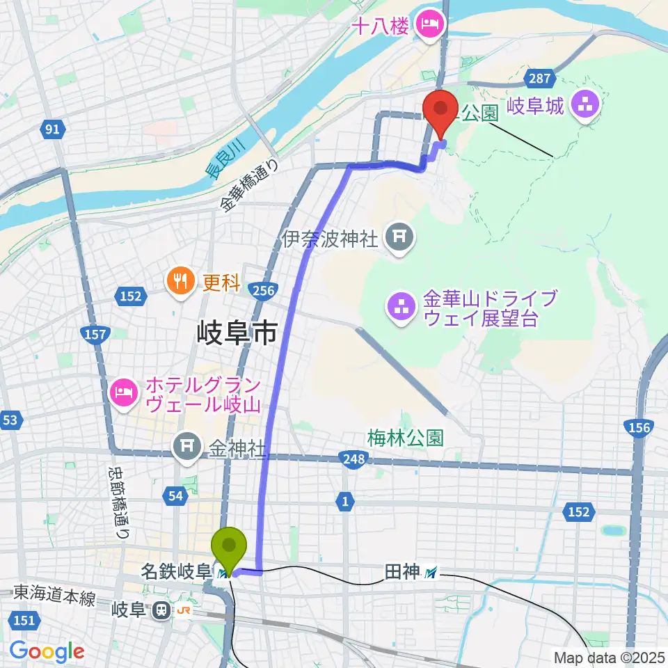 名鉄岐阜駅から名和昆虫博物館へのルートマップ地図