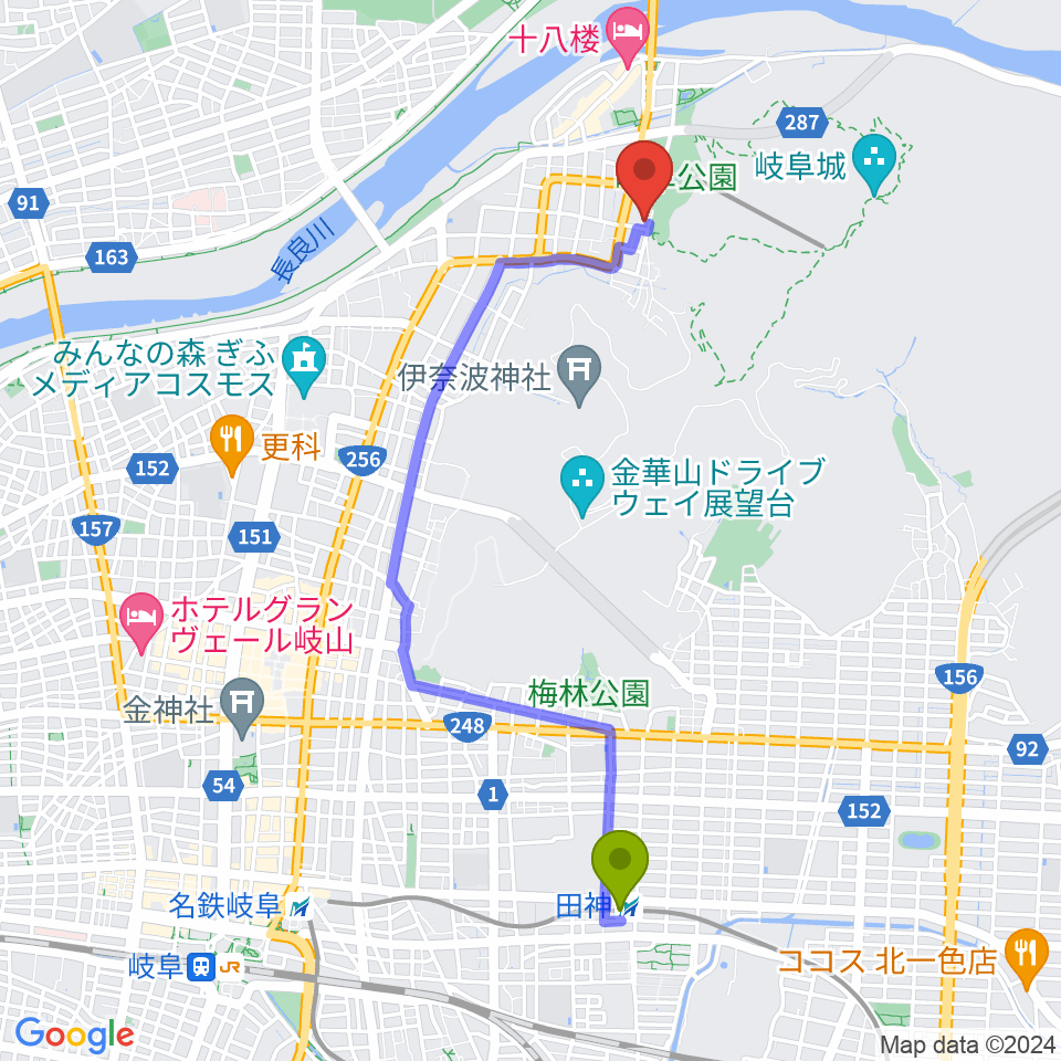 名和昆虫博物館の最寄駅田神駅からの徒歩ルート（約40分）地図