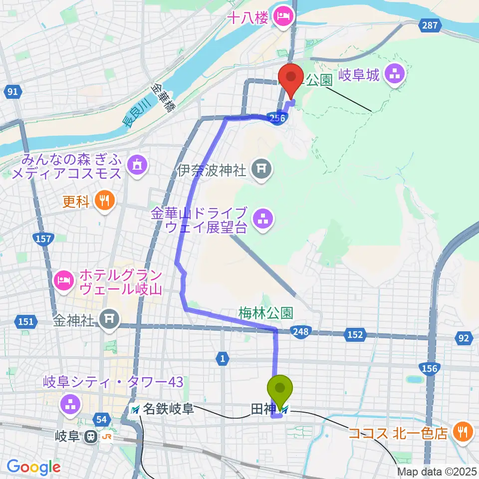 名和昆虫博物館の最寄駅田神駅からの徒歩ルート（約40分）地図