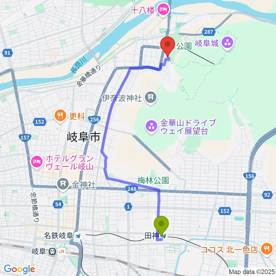 名和昆虫博物館の最寄駅田神駅からの徒歩ルート（約40分）地図