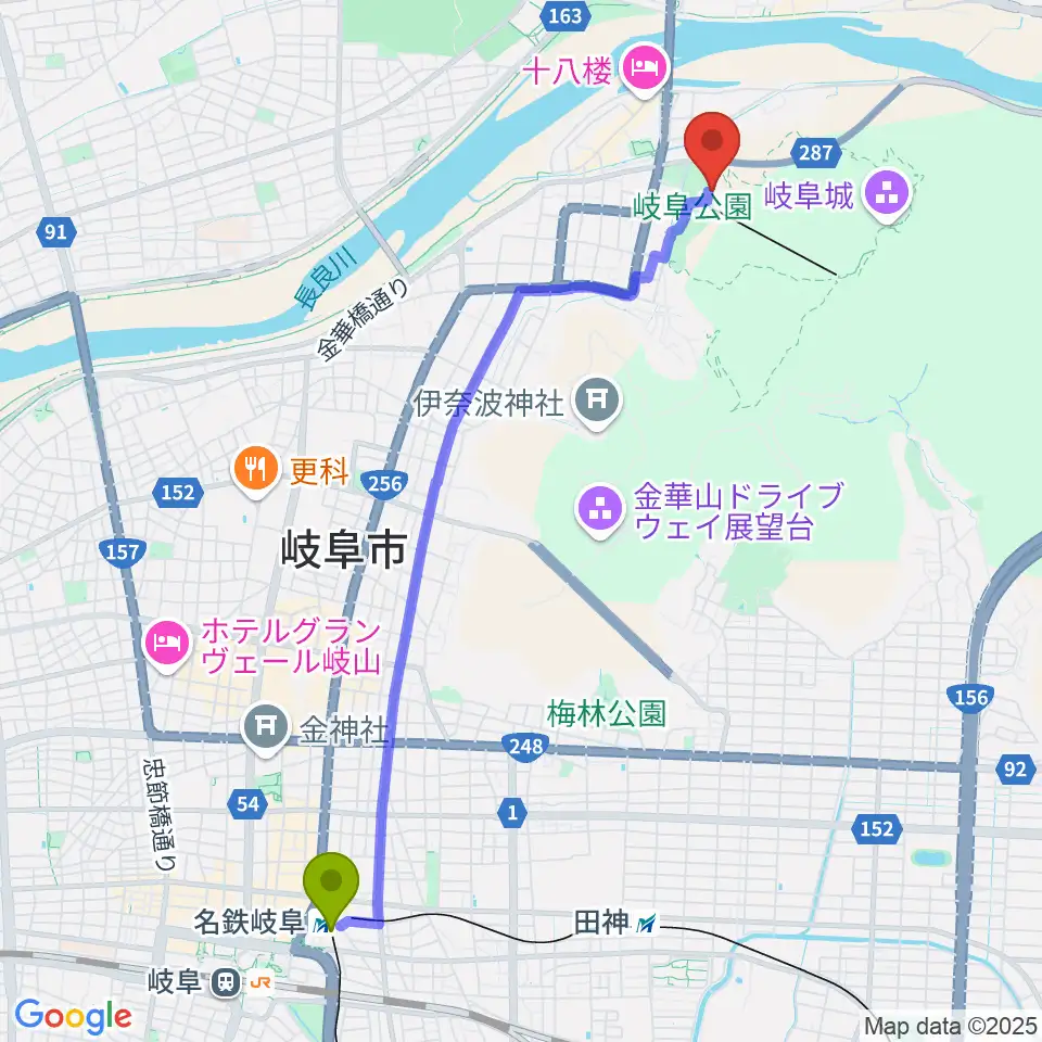 名鉄岐阜駅から加藤栄三・東一記念美術館へのルートマップ地図