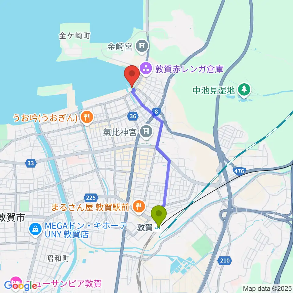 敦賀鉄道資料館の最寄駅敦賀駅からの徒歩ルート（約30分）地図