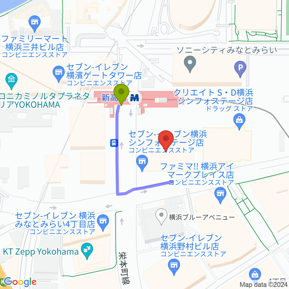 ヤマハミュージック横浜みなとみらいの最寄駅新高島駅からの徒歩ルート（約2分）地図