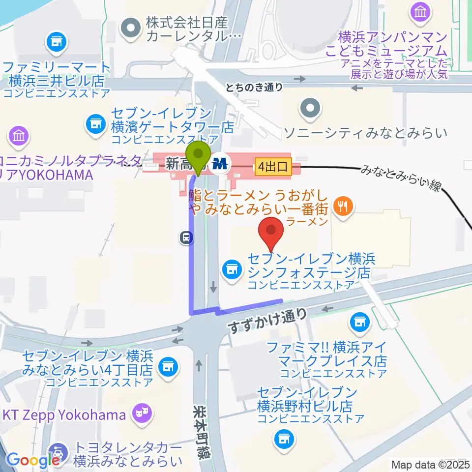 ヤマハミュージック横浜みなとみらいの最寄駅新高島駅からの徒歩ルート（約2分）地図