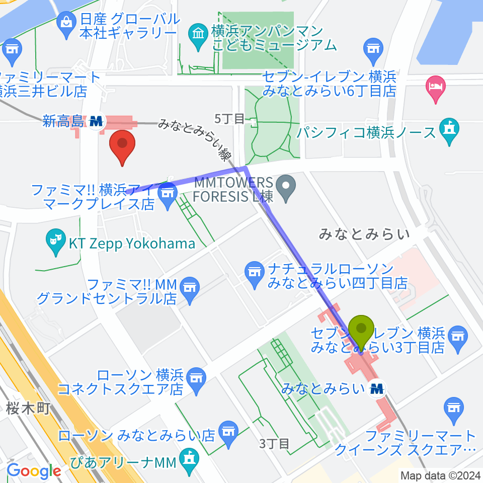 みなとみらい駅からヤマハミュージック横浜みなとみらいへのルートマップ地図