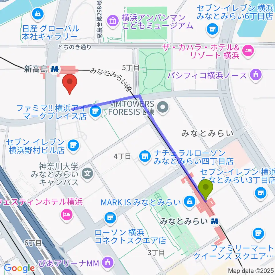 みなとみらい駅からヤマハミュージック横浜みなとみらいへのルートマップ地図