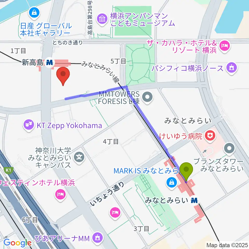 みなとみらい駅からヤマハミュージック横浜みなとみらいへのルートマップ地図