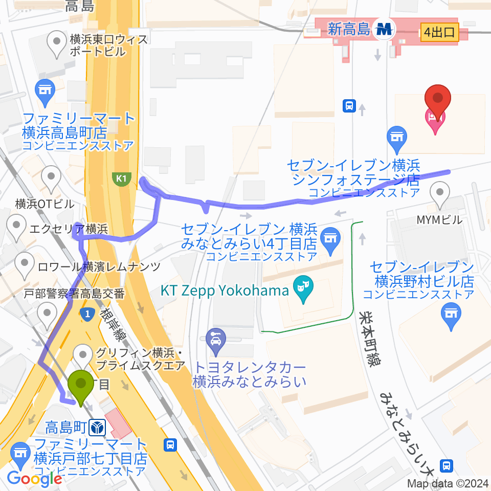 高島町駅からヤマハミュージック横浜みなとみらいへのルートマップ地図