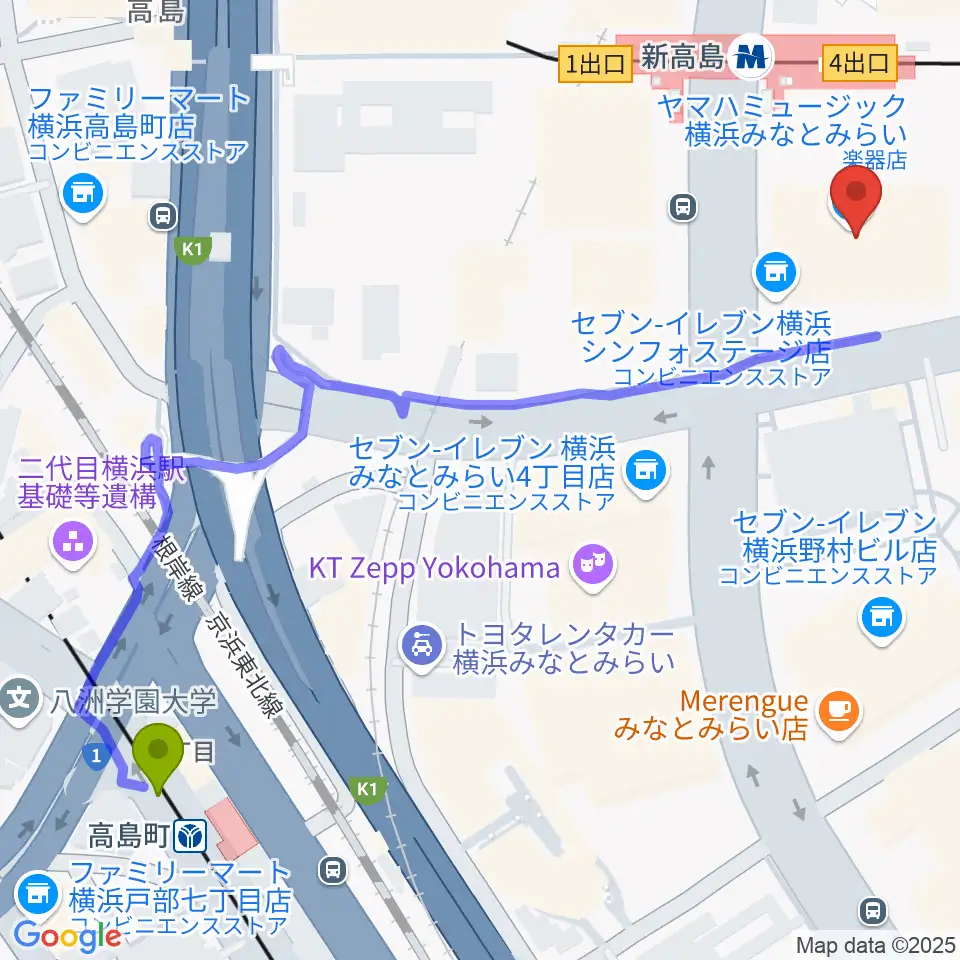 高島町駅からヤマハミュージック横浜みなとみらいへのルートマップ地図