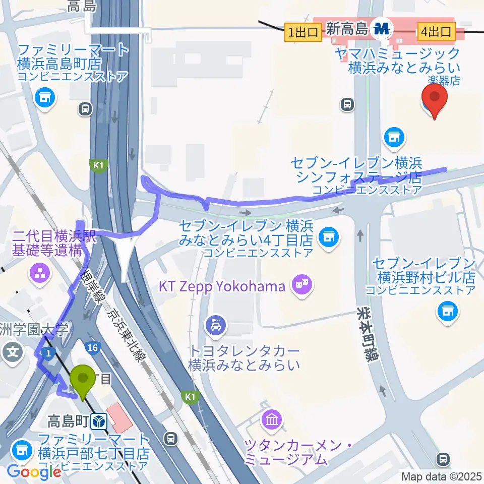 高島町駅からヤマハミュージック横浜みなとみらいへのルートマップ地図