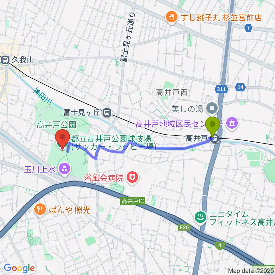 高井戸駅から高井戸公園球技場へのルートマップ地図