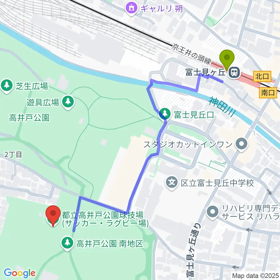 高井戸公園球技場の最寄駅富士見ヶ丘駅からの徒歩ルート（約6分）地図