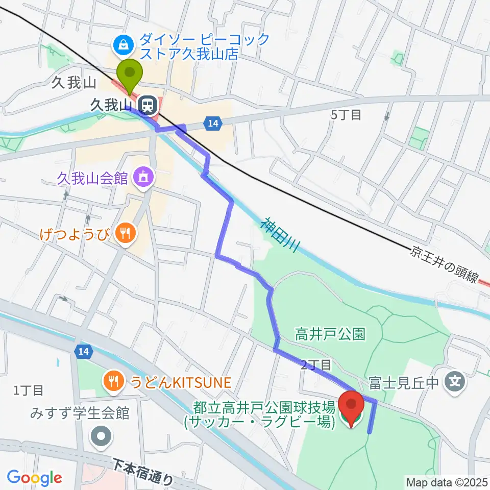 久我山駅から高井戸公園球技場へのルートマップ地図