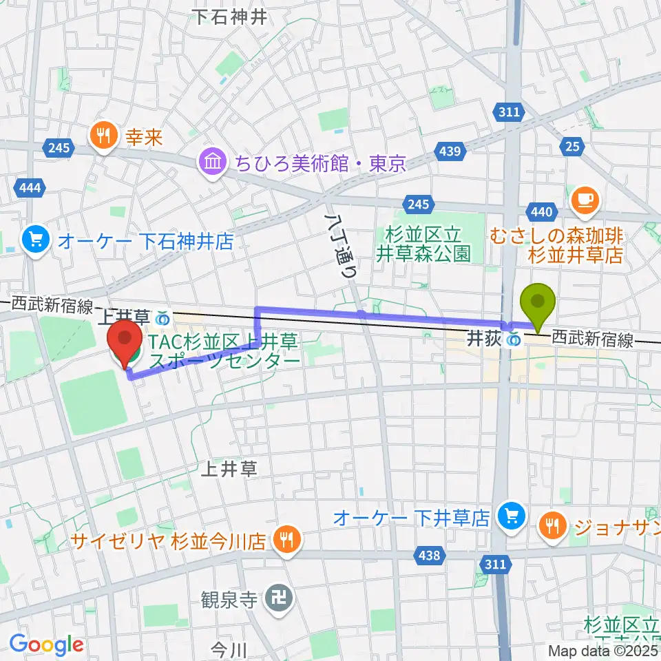 井荻駅からTAC杉並区上井草スポーツセンターへのルートマップ地図