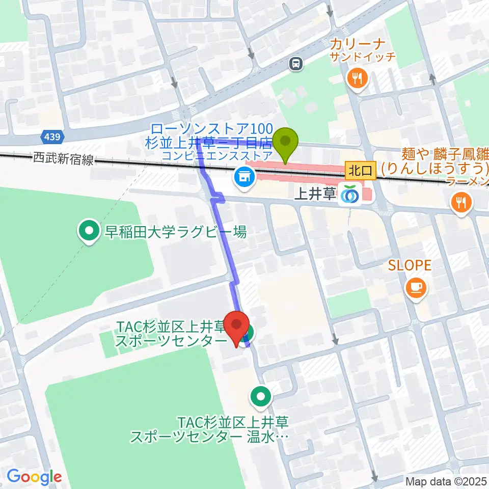 TAC杉並区上井草スポーツセンターの最寄駅上井草駅からの徒歩ルート（約3分）地図