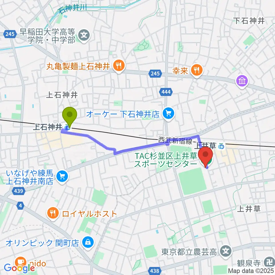 上石神井駅からTAC杉並区上井草スポーツセンターへのルートマップ地図