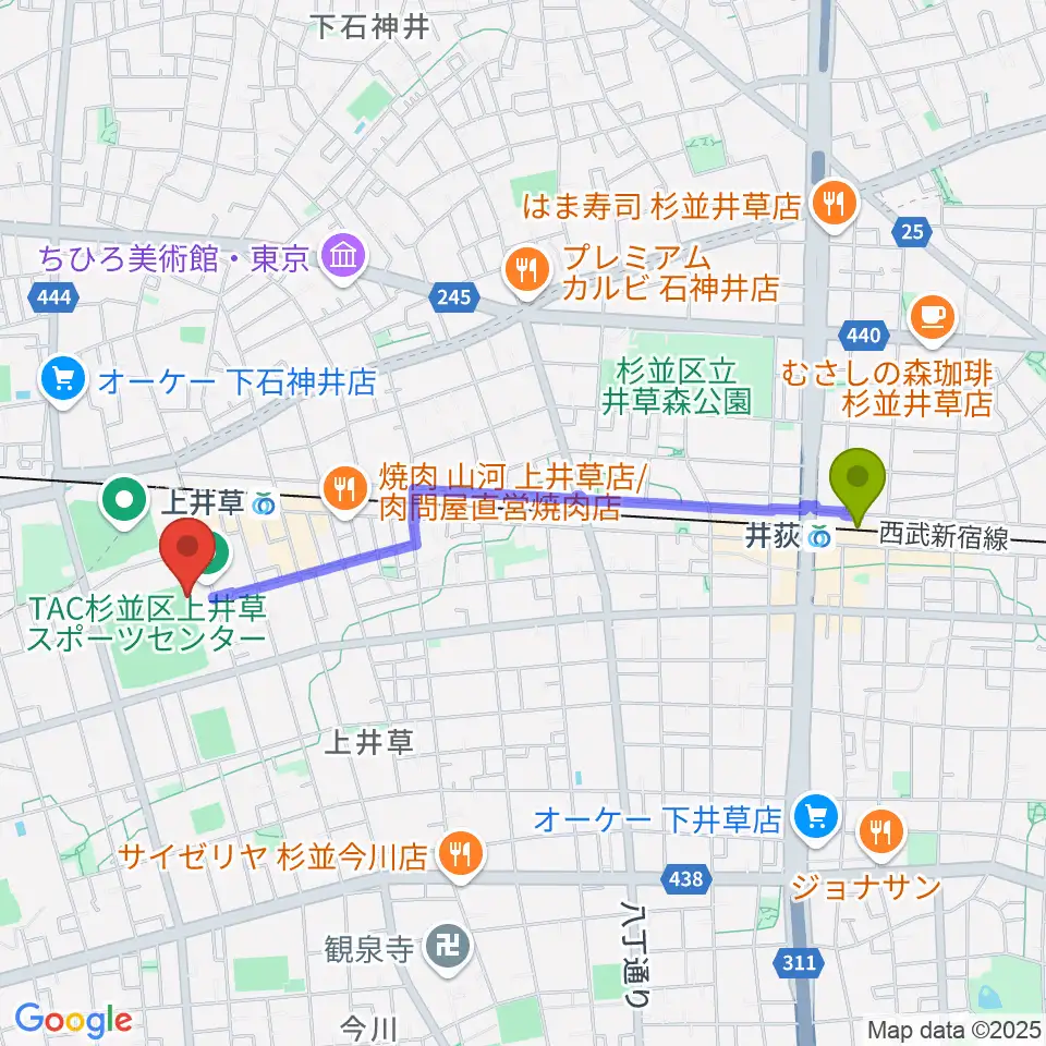 井荻駅から上井草スポーツセンター野球場へのルートマップ地図