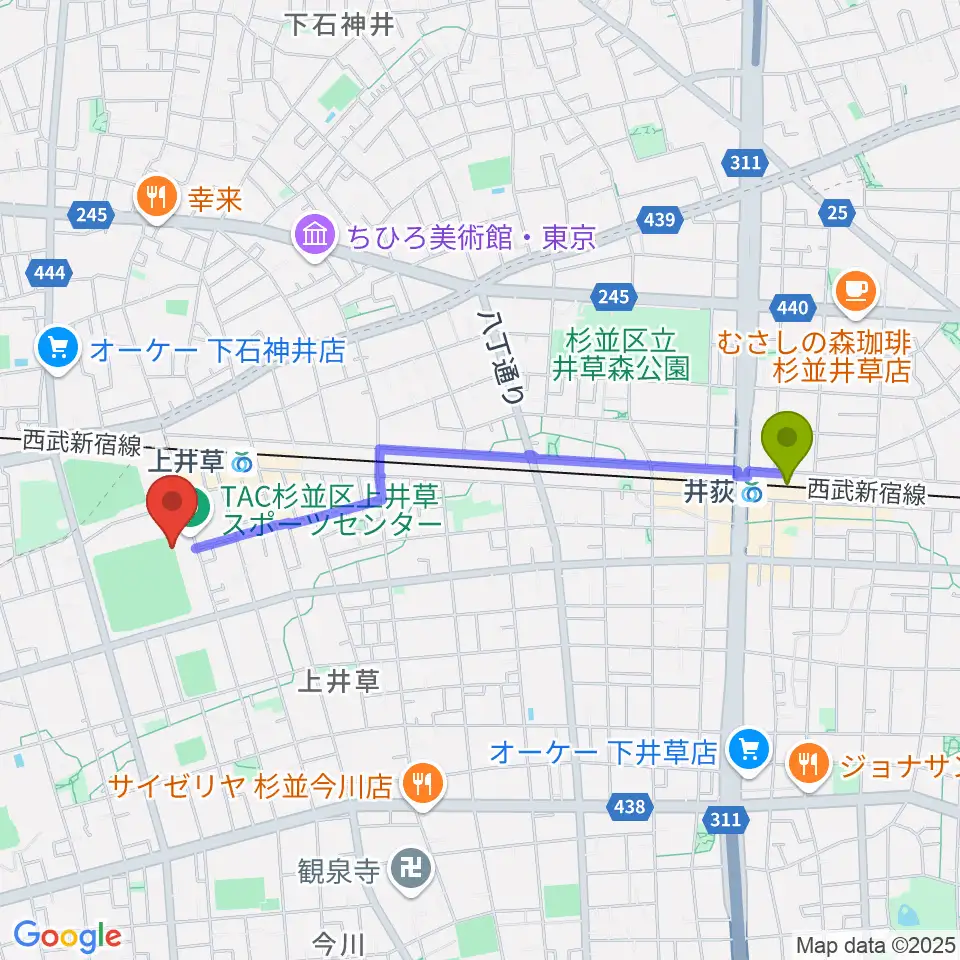 井荻駅から上井草スポーツセンター野球場へのルートマップ地図
