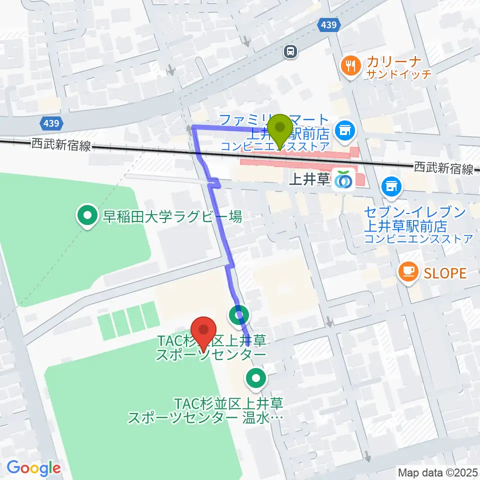 上井草スポーツセンター野球場の最寄駅上井草駅からの徒歩ルート（約3分）地図