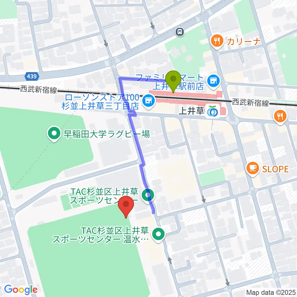 上井草スポーツセンター野球場の最寄駅上井草駅からの徒歩ルート（約3分）地図