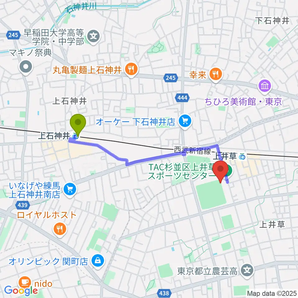 上石神井駅から上井草スポーツセンター野球場へのルートマップ地図