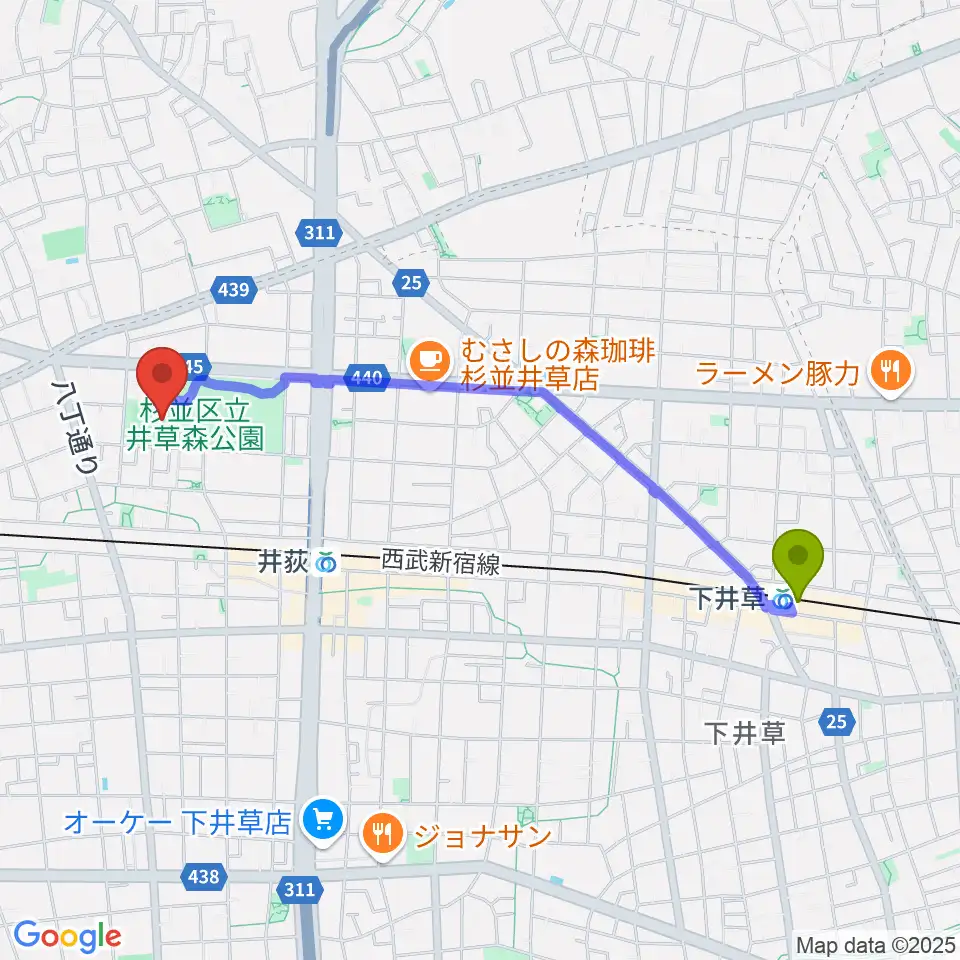 下井草駅から井草森公園運動場へのルートマップ地図