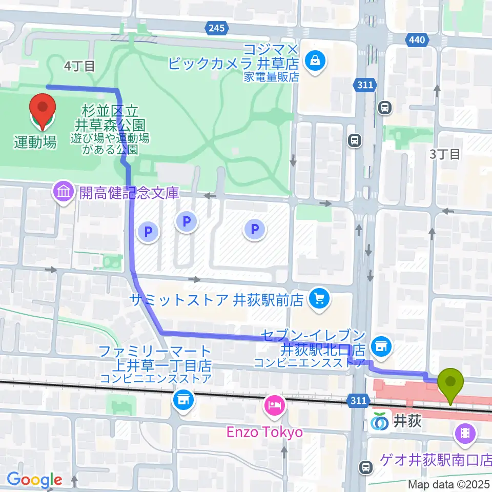 井草森公園運動場の最寄駅井荻駅からの徒歩ルート（約8分）地図