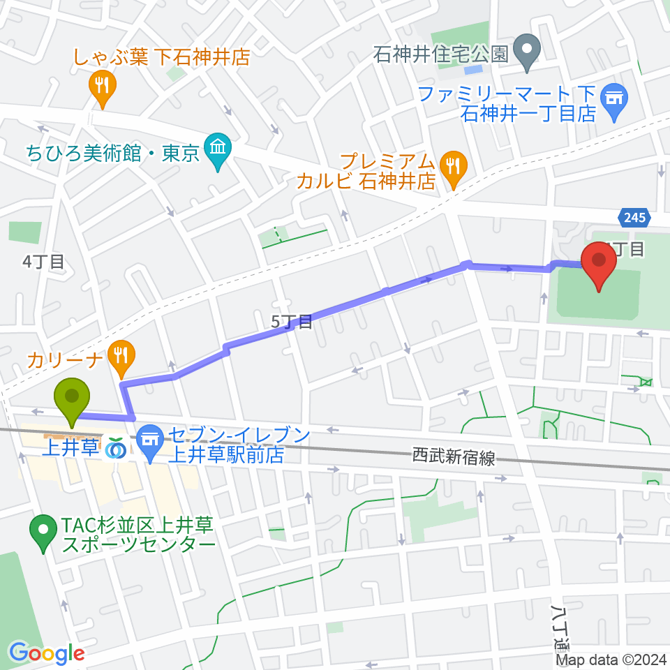 上井草駅から井草森公園運動場へのルートマップ地図