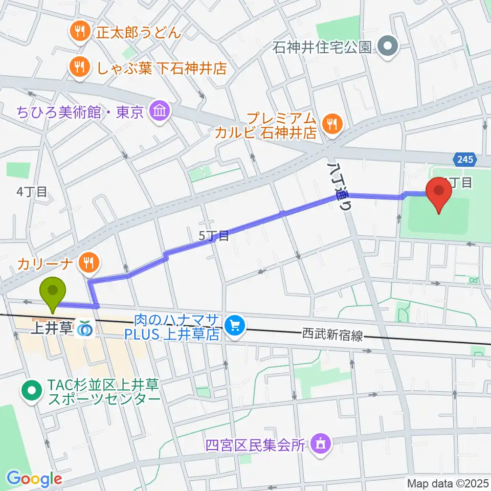 上井草駅から井草森公園運動場へのルートマップ地図