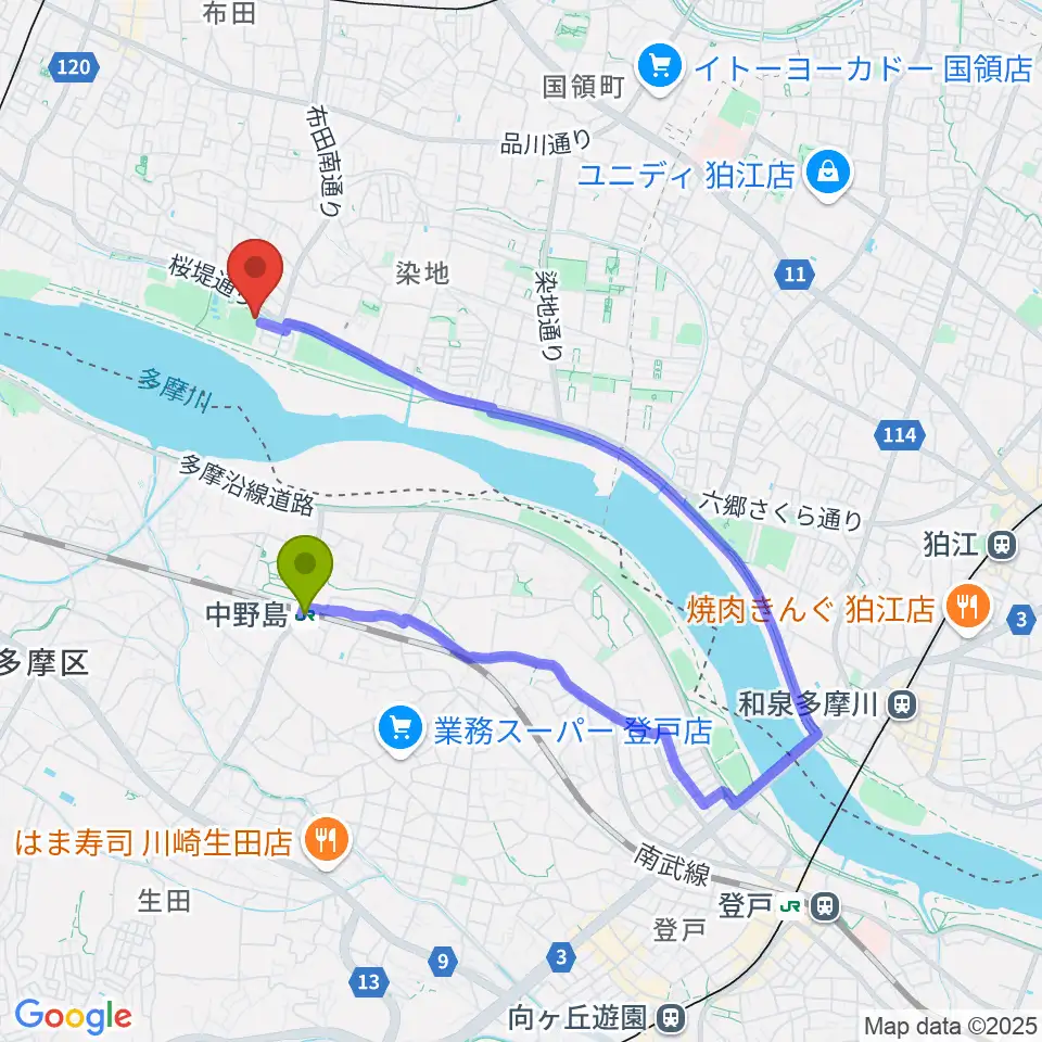 調布市民野球場の最寄駅中野島駅からの徒歩ルート（約18分）地図