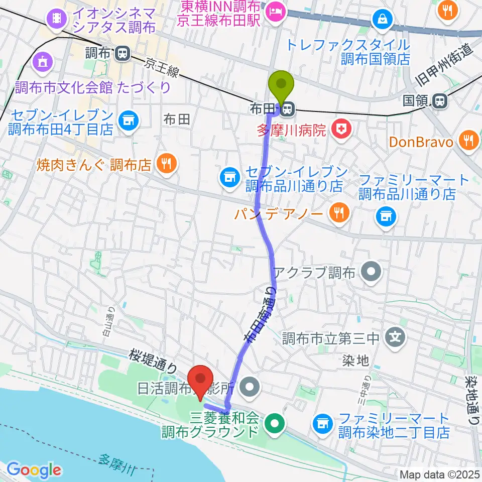 布田駅から調布市民野球場へのルートマップ地図