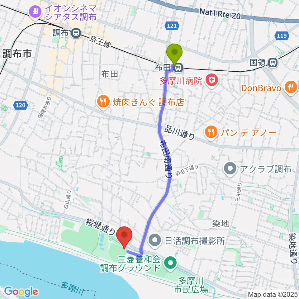 布田駅から調布市民野球場へのルートマップ地図