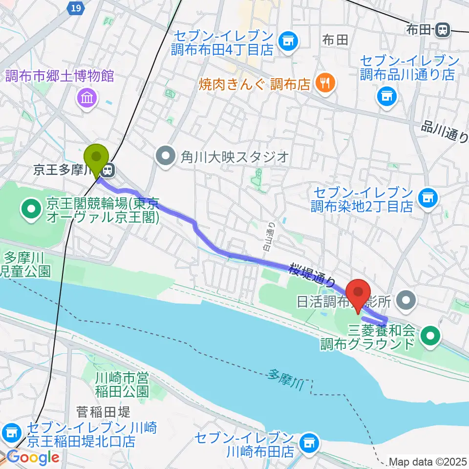 京王多摩川駅から調布市民野球場へのルートマップ地図