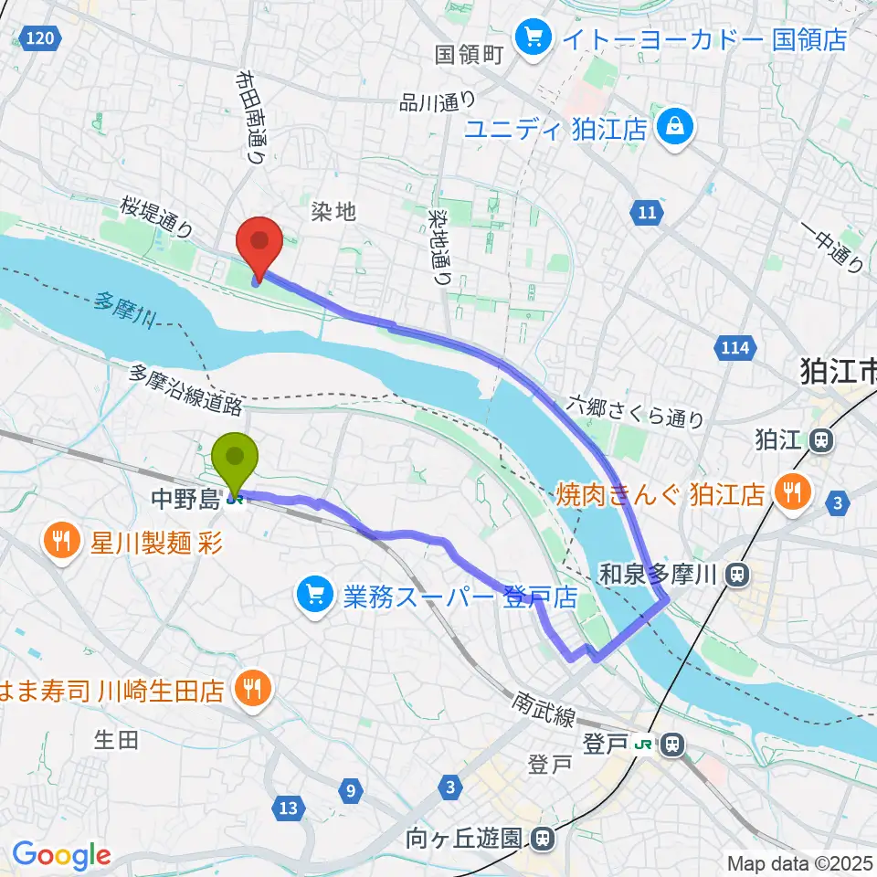 三菱養和会 調布グラウンドの最寄駅中野島駅からの徒歩ルート（約15分）地図