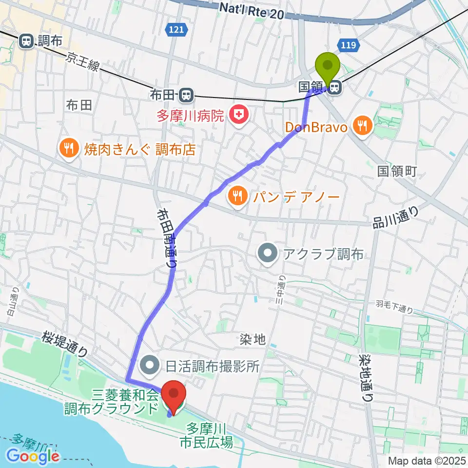国領駅から三菱養和会 調布グラウンドへのルートマップ地図