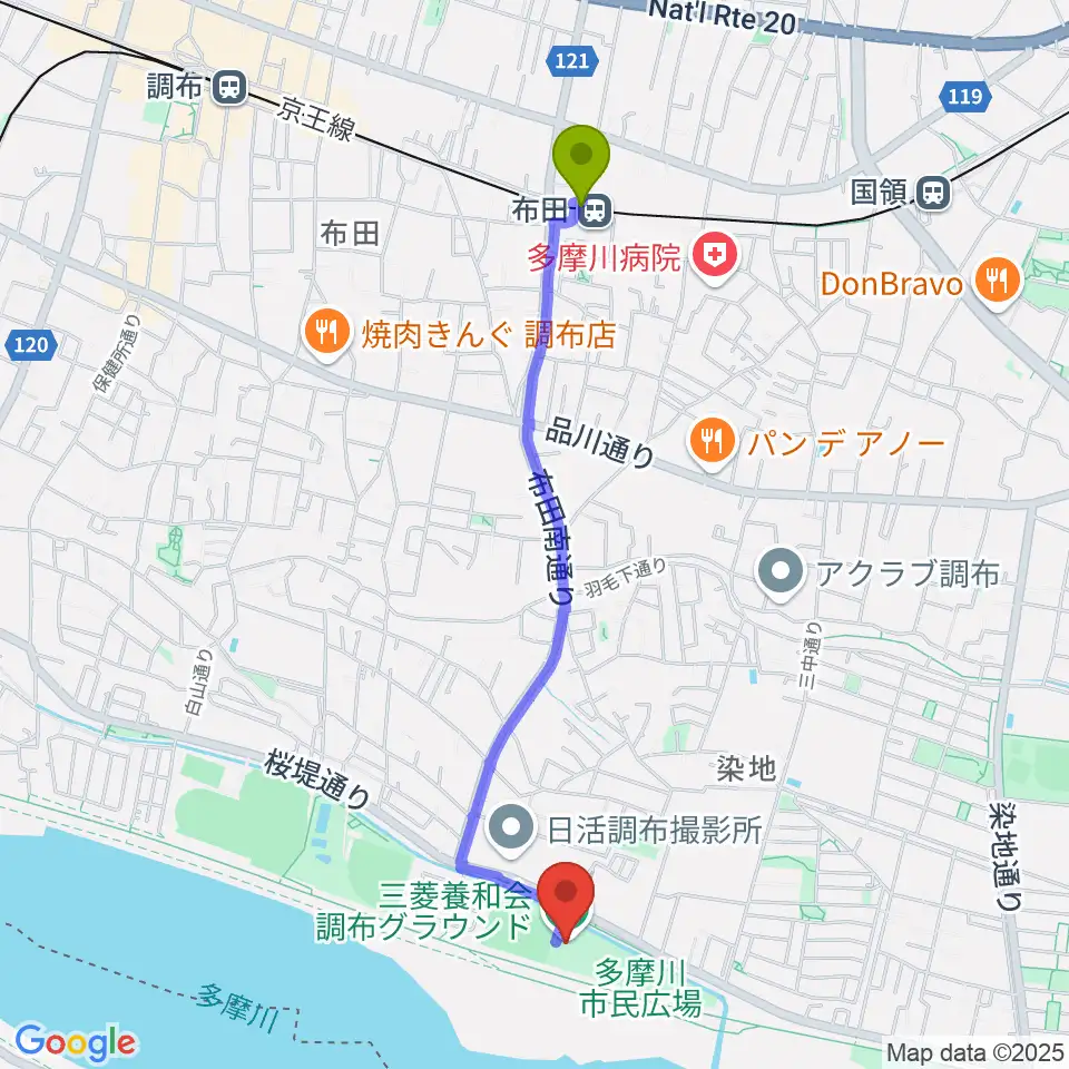 布田駅から三菱養和会 調布グラウンドへのルートマップ地図