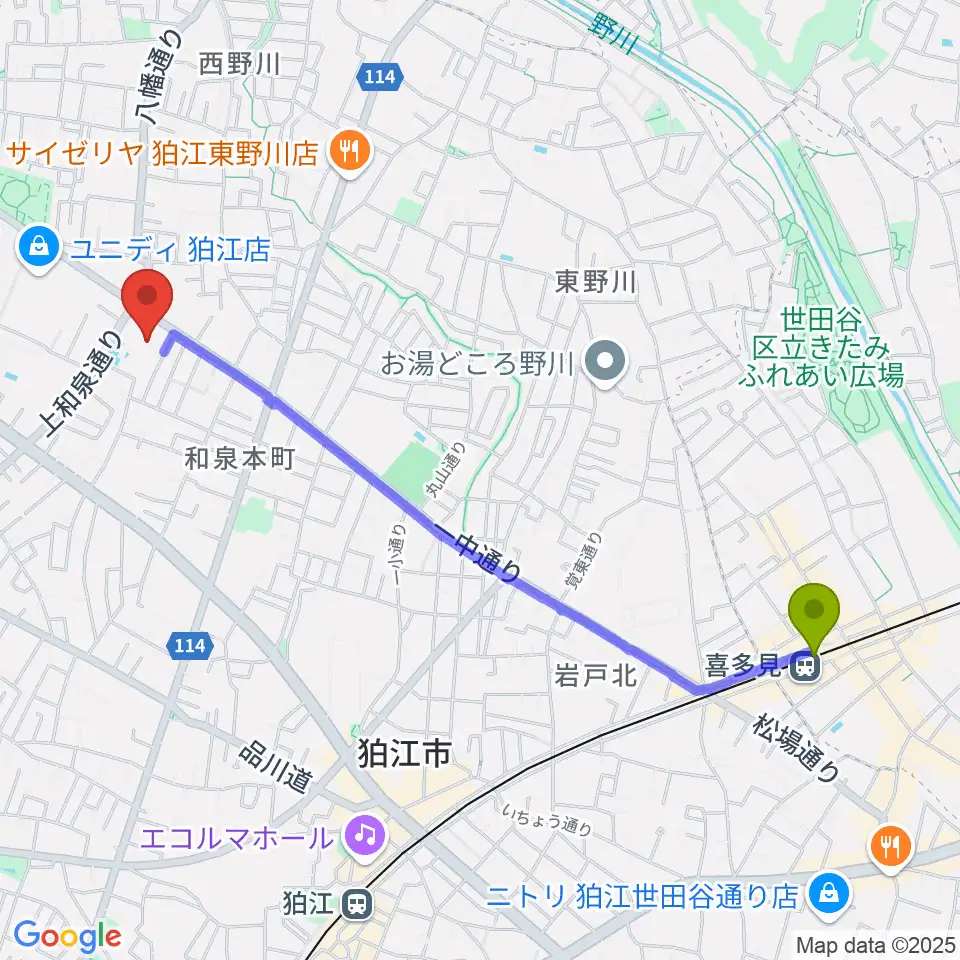 喜多見駅から狛江市民総合体育館へのルートマップ地図