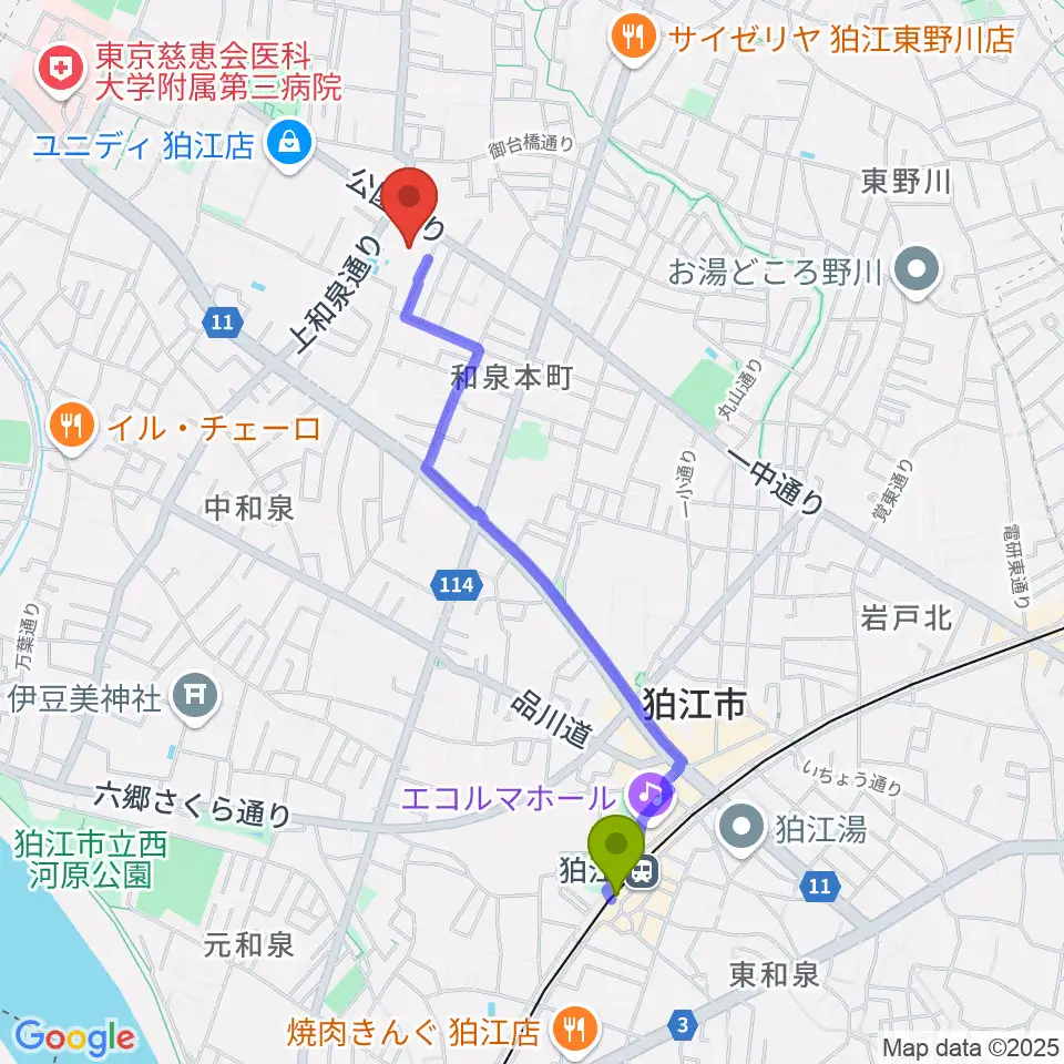 狛江市民総合体育館の最寄駅狛江駅からの徒歩ルート（約20分）地図