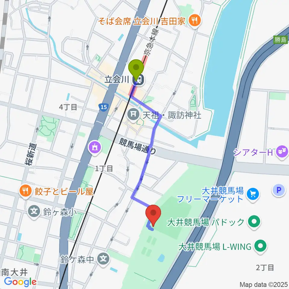 しながわ区民公園野球場の最寄駅立会川駅からの徒歩ルート（約8分）地図