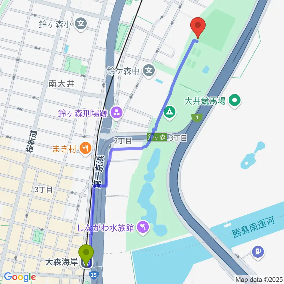 大森海岸駅からしながわ区民公園野球場へのルートマップ地図
