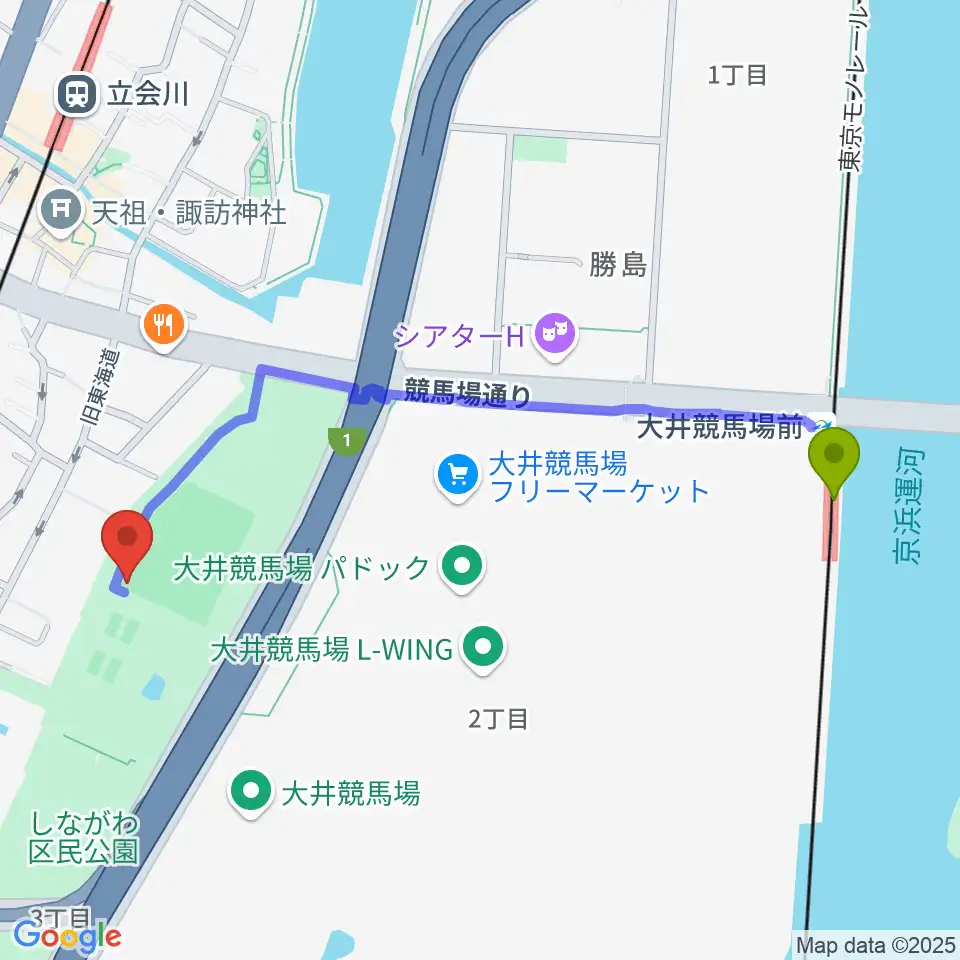 大井競馬場前駅からしながわ区民公園野球場へのルートマップ地図