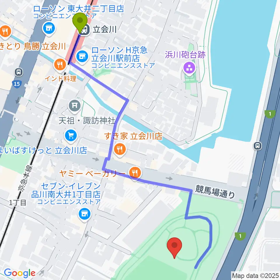 しながわ区民公園こどもサッカー場の最寄駅立会川駅からの徒歩ルート（約7分）地図