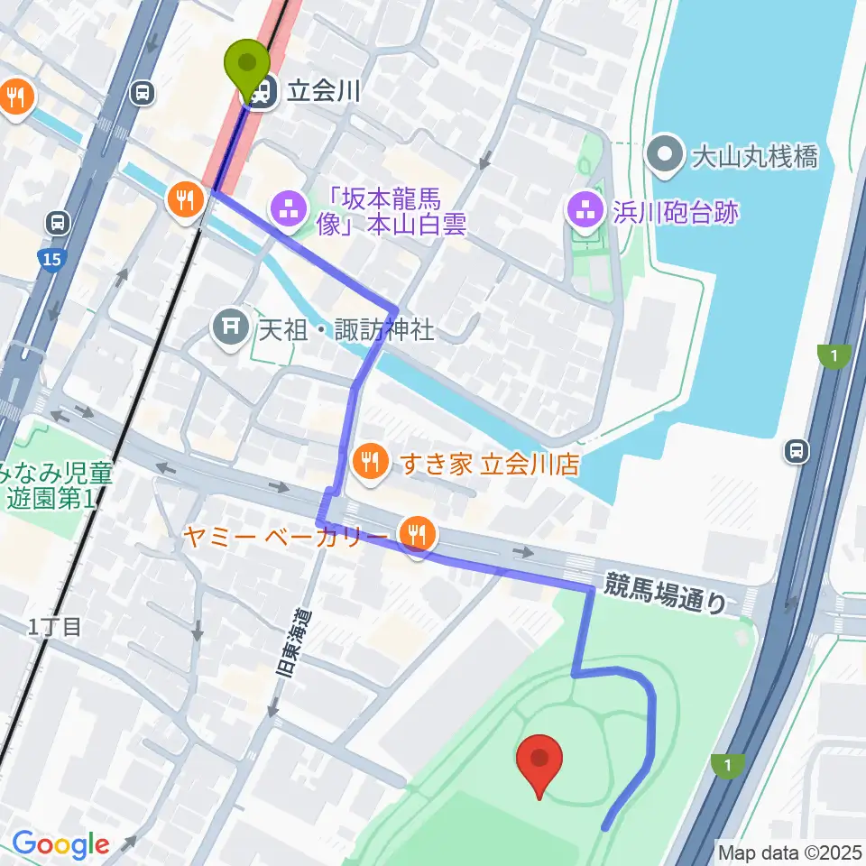 しながわ区民公園こどもサッカー場の最寄駅立会川駅からの徒歩ルート（約7分）地図