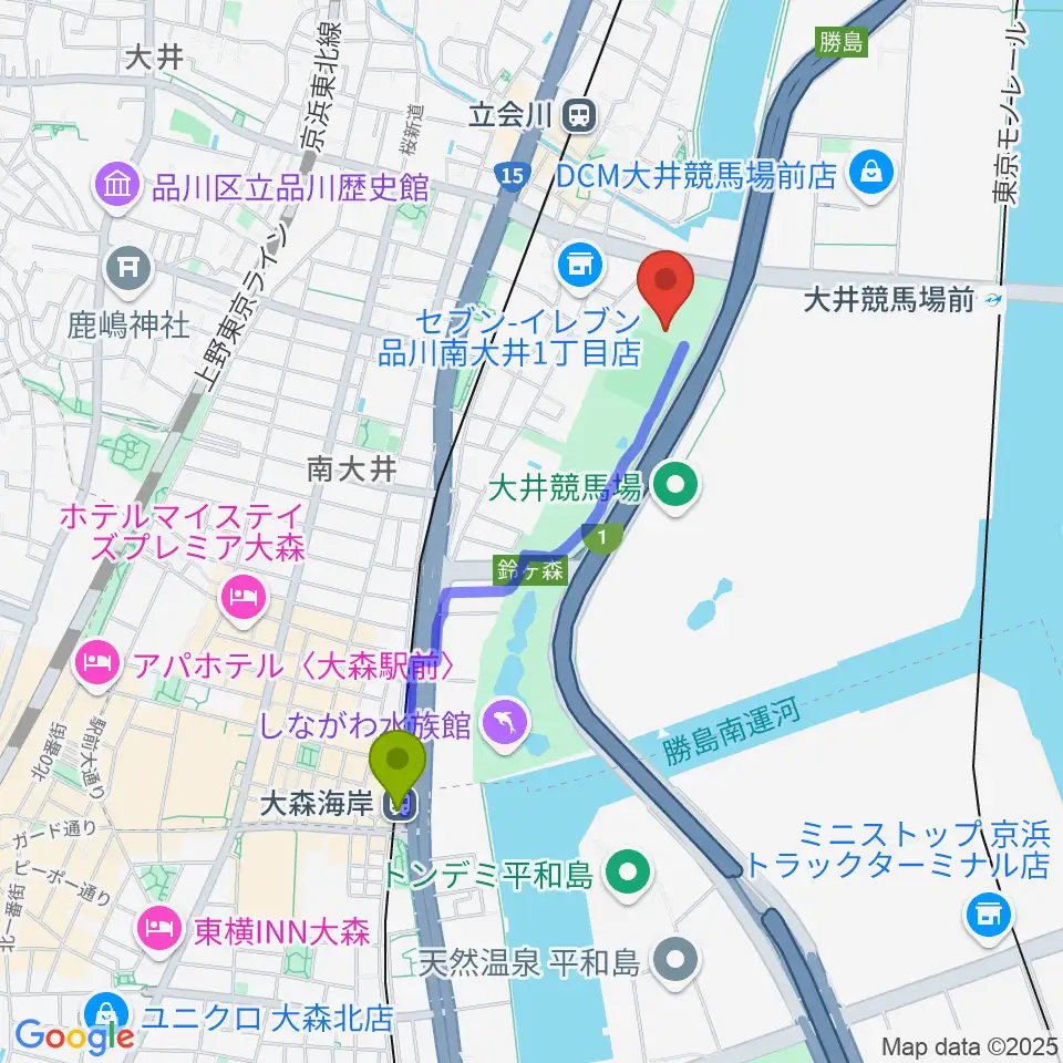 大森海岸駅からしながわ区民公園こどもサッカー場へのルートマップ地図