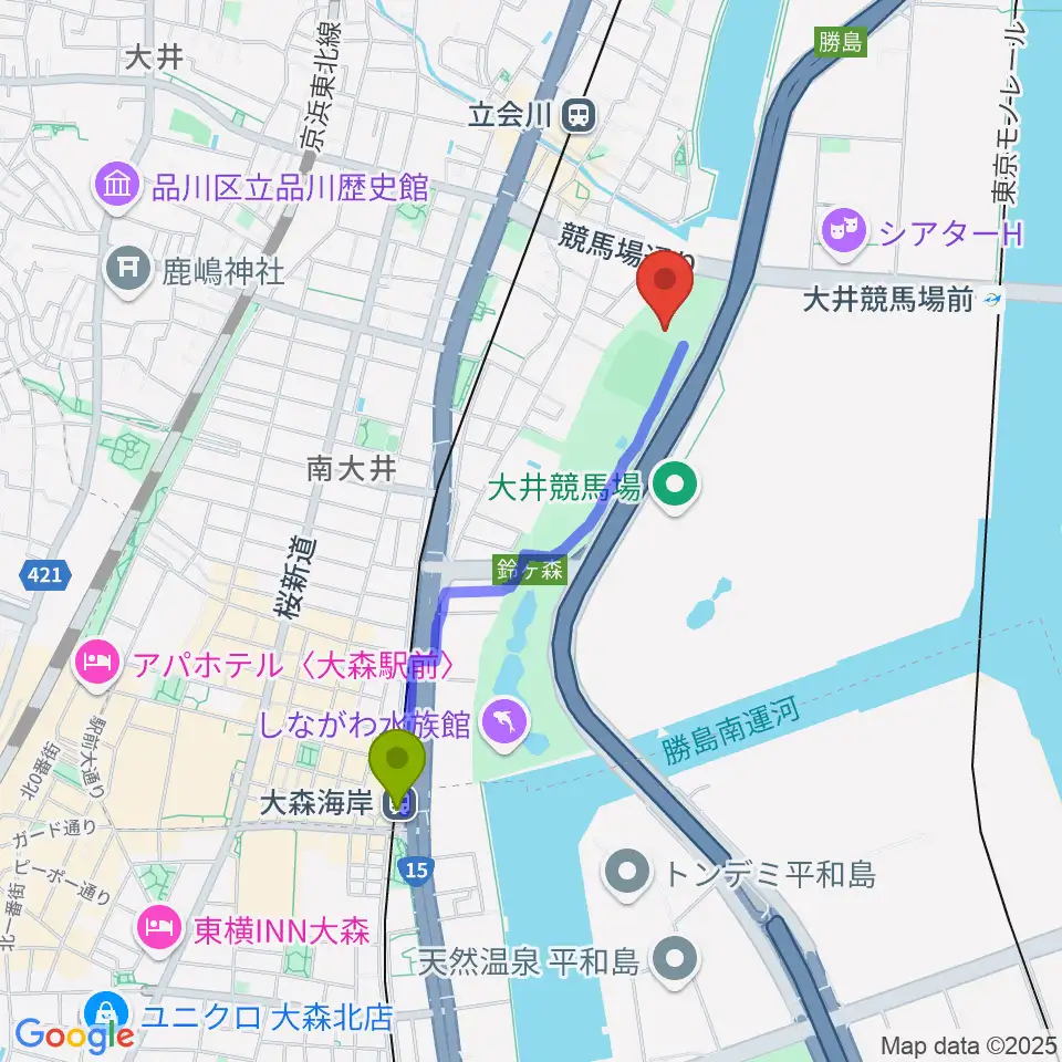 大森海岸駅からしながわ区民公園こどもサッカー場へのルートマップ地図