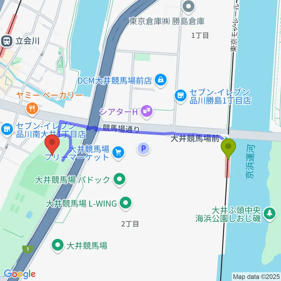 大井競馬場前駅からしながわ区民公園こどもサッカー場へのルートマップ地図